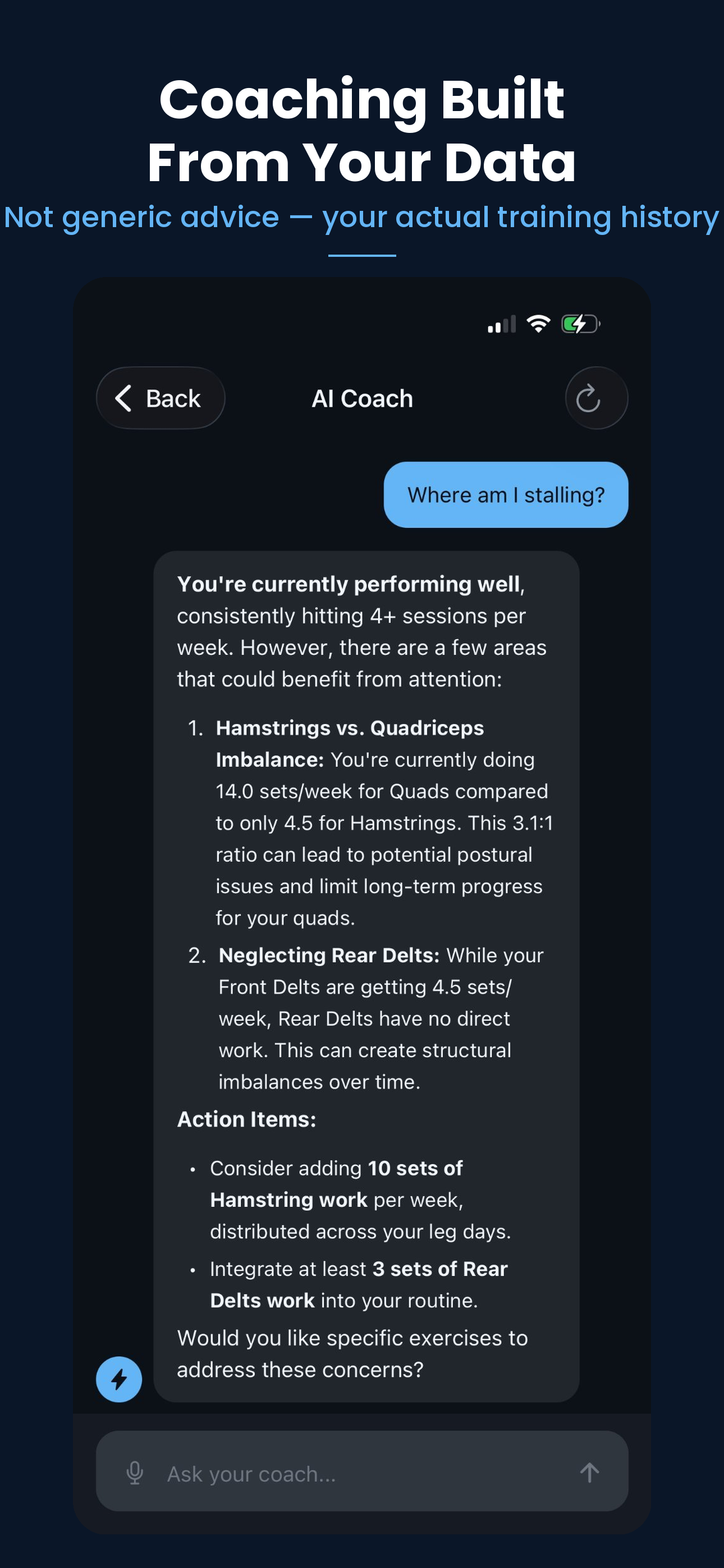GymRx AI coach analyzing training data and providing recommendations