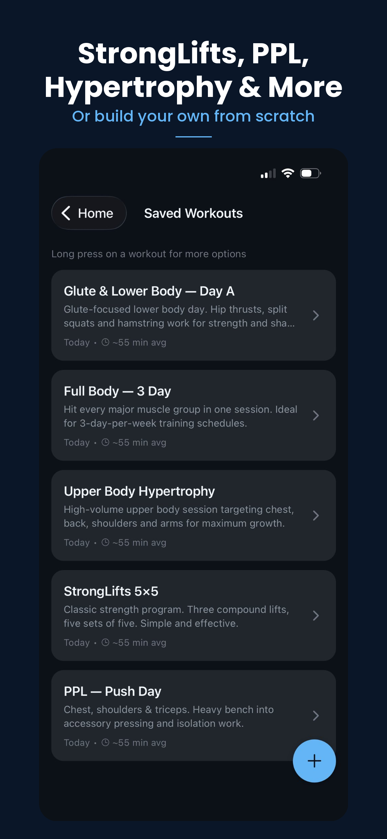GymRx saved workouts screen showing various training programs