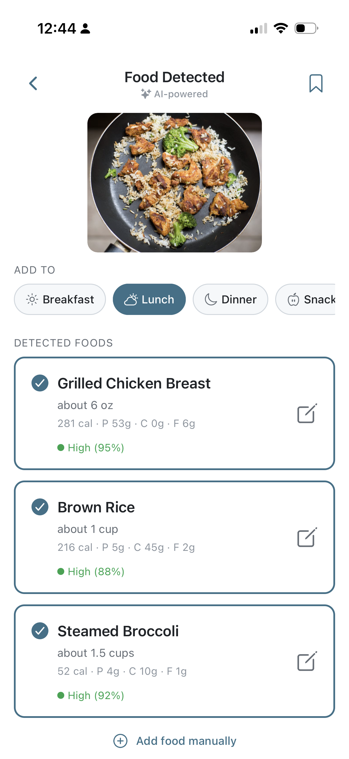 NutritionRx AI food detection identifying grilled chicken, brown rice, and steamed broccoli with macro breakdown