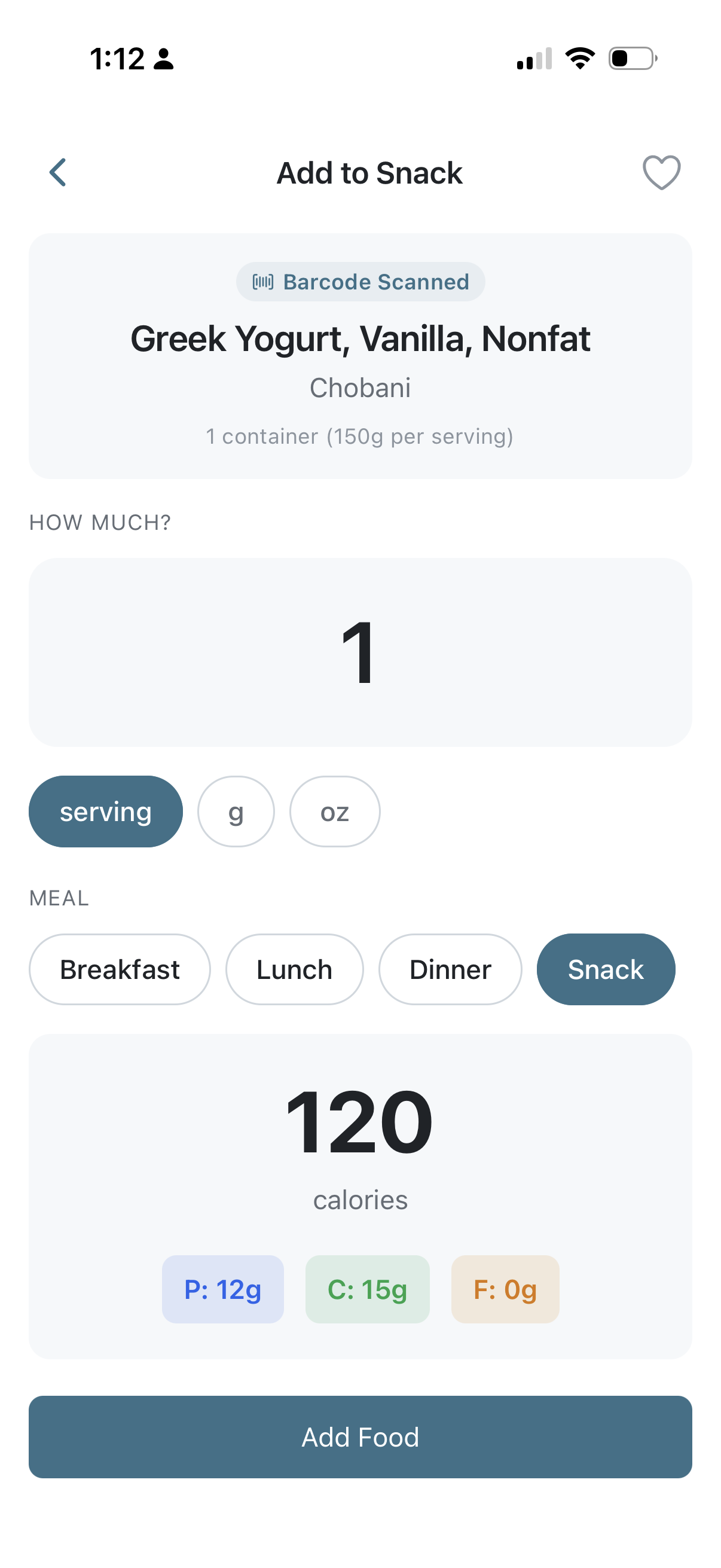 NutritionRx barcode scanning a Greek yogurt container showing calories and macros