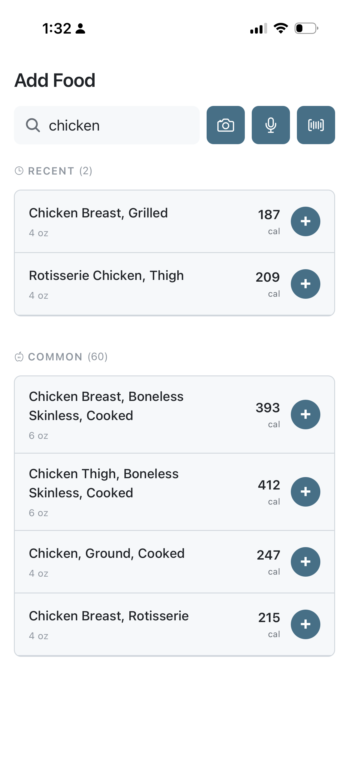 NutritionRx food search showing recent and common chicken entries with calorie counts