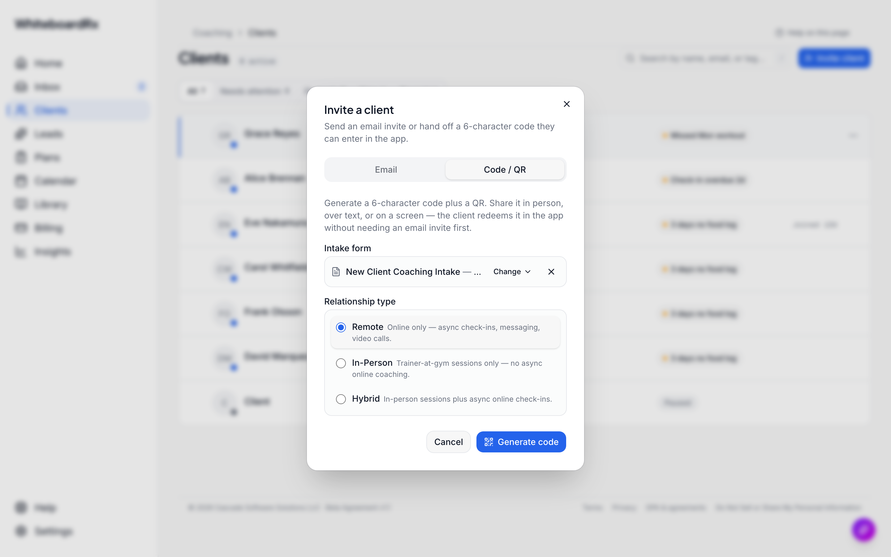 Coach dashboard with client roster